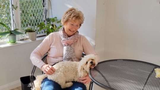 Woman looking fondly at small white dog on her lap